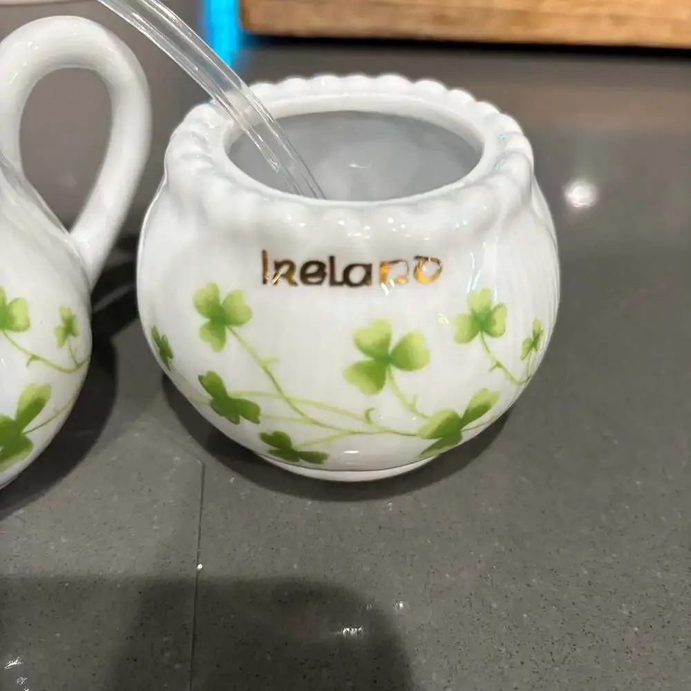 Vintage Ireland Shamrock Pattern Porcelain Creamer and Sugar Bowl Set
